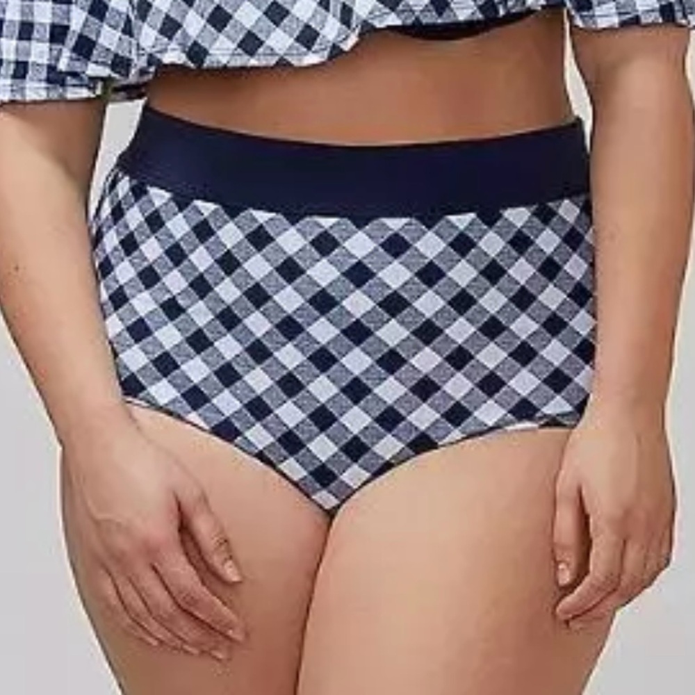 CACIQUE Lane Bryant Blue White Gingham Plaid Crisscross Cutout Bikini Bottom 20